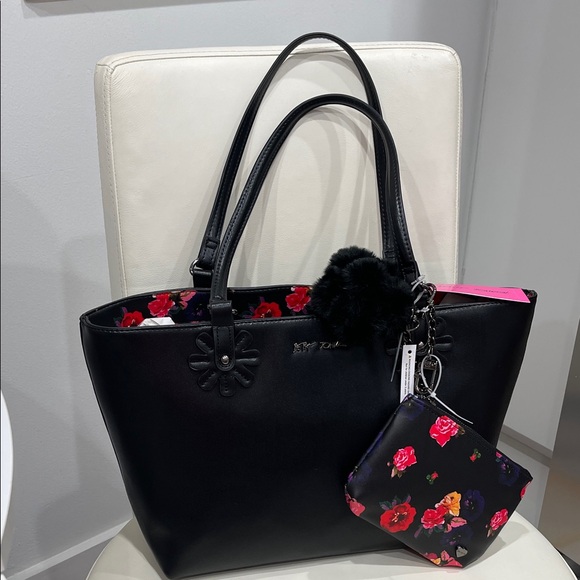 Betsey Johnson Black/Pink Floral Tote Bag with Pouch & Fur Purse Charm